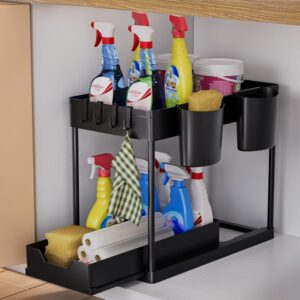 Organizador de Cocina Bajo Fregadero 2 Niveles con Ganchos y Vasos Negro